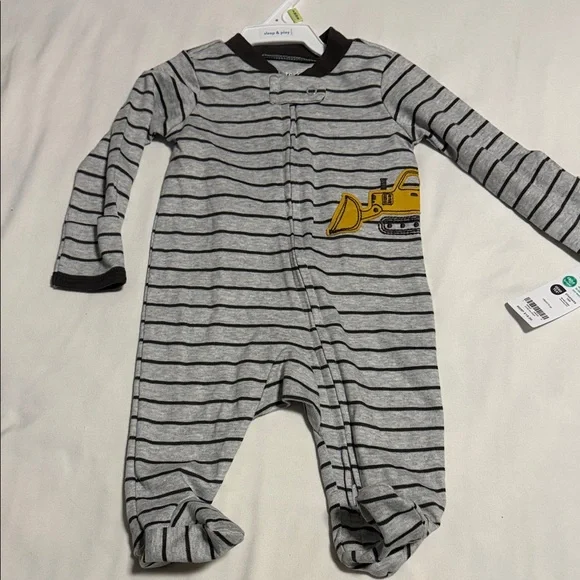 Carter's Gray Striped Footie with Yellow Bulldozer