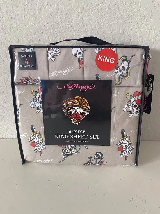 6 Piece Ed Hardy KING Size Sheet Set Logo Skulls Snake Hearts Roses Khaki NEW