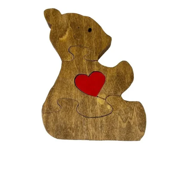 VTG Handmade Stained Wooden Bear Jigsaw Puzzle Figurine Retro Decor 7
