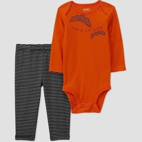 NWOT Carter's Baby Bat Striped Halloween Top Bottom Set black/orange