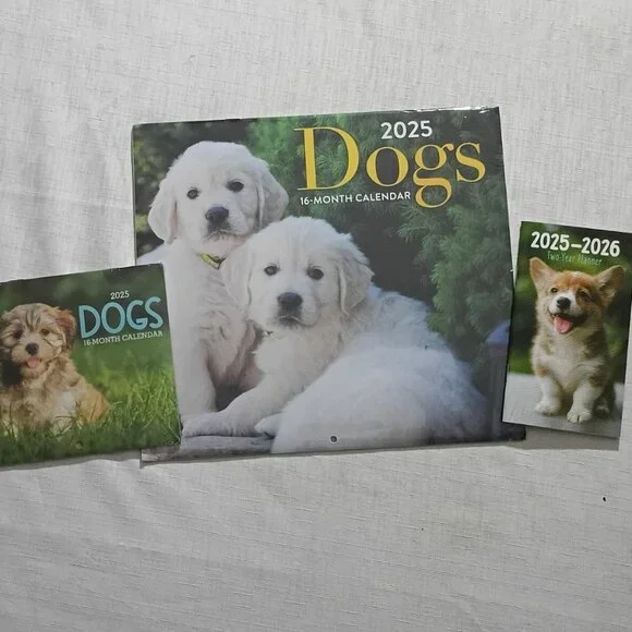 3 dog-themed calendars lot 2025 -2026 pocket planner 16-month 11x10