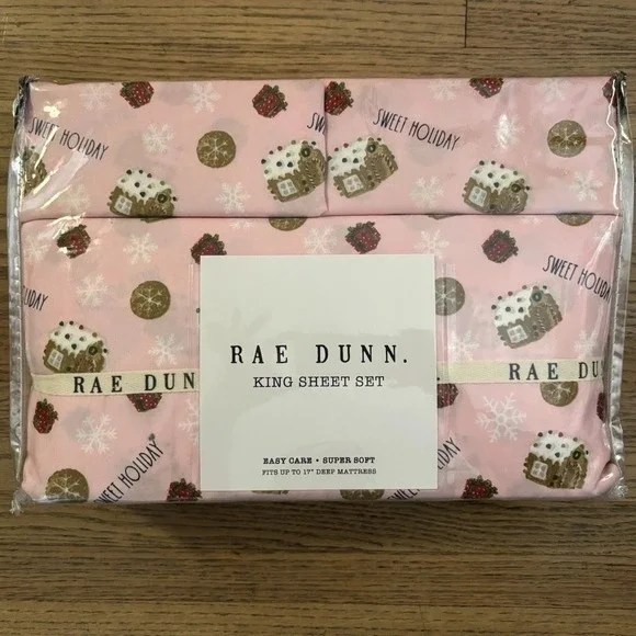 Rae Dunn Sweet Holiday King Sheet Set Pink Gingerbread Christmas Bedding‎ NEW