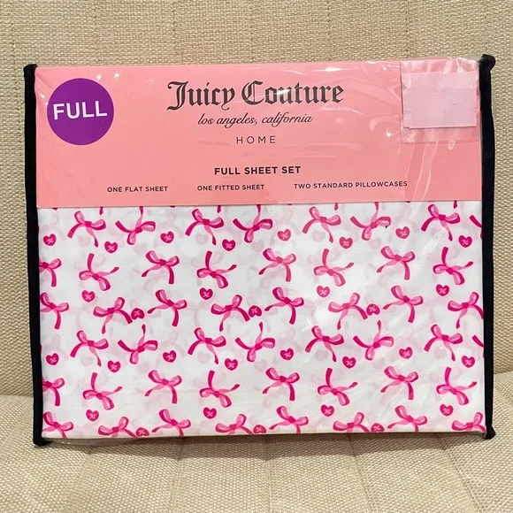 NEW Juicy Couture Full Sheet Set Pink White Bow Heart Print‎ 4 Piece Bedding