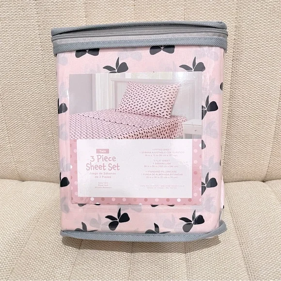 NEW Twin 3 Piece Sheet Set Pink Black Bow Print Soft Wrinkle Resistant