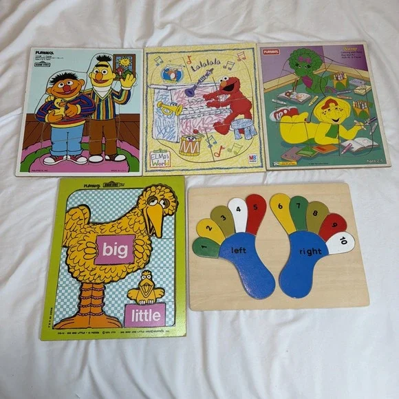 Vintage Wooden Playskool Puzzles - Lot of 5 Barney Sesame Street Made In USA