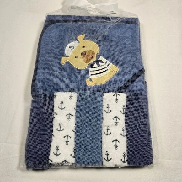 Nautical Navy baby Hooded Towel and Washcloth Set Blue Sailor Puppy Dog 4 Piece