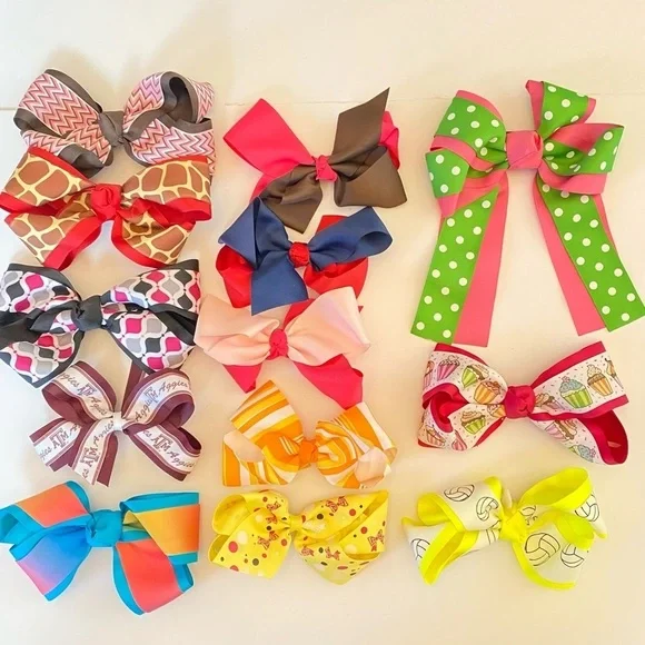 Big Girl’s Handmade Hair Bows Bundle - Lot of 12