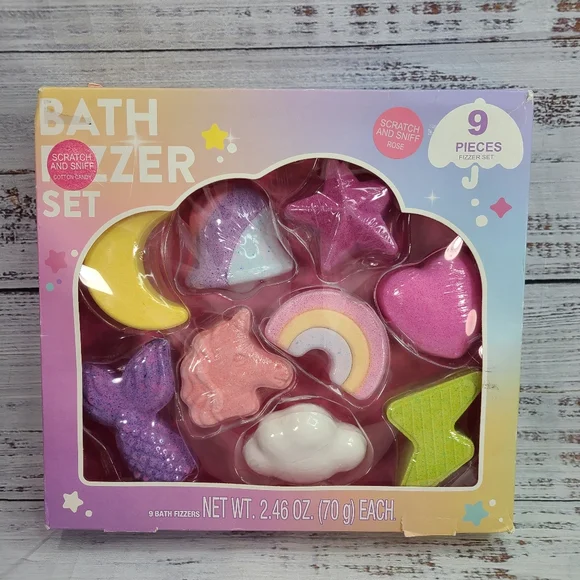 Bath Fizzer Gift Set 9 Piece Girls Gift: Star Unicorn Heart, Moon, Cloud & More