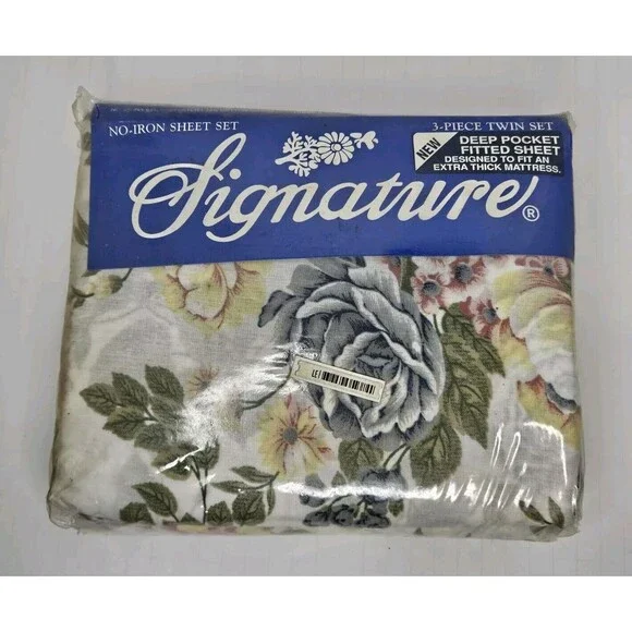 Vtg Signature 3-Piece Twin Size Sheet Set Blue & Green Floral Polyester/Cotton