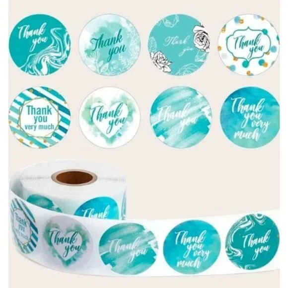 1000 Thank You Blue Sticker Labels 8 Designs Roll Round 1 inch 500x2