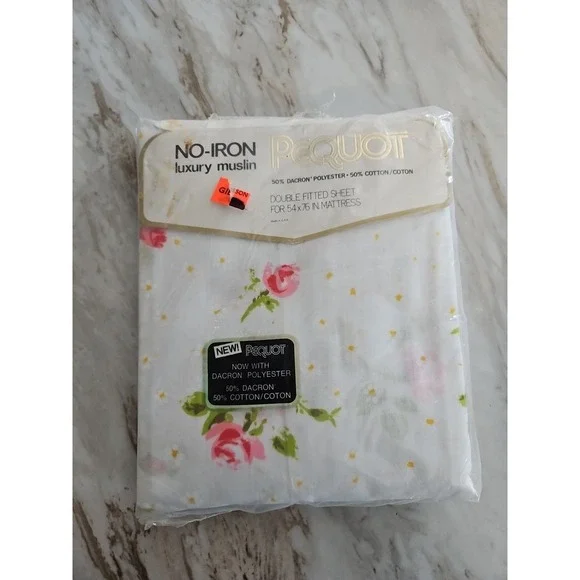 Vintage No-Iron Luxury Muslin Pequot Double Fitted Sheet Mountain Mist 54x76 NOS