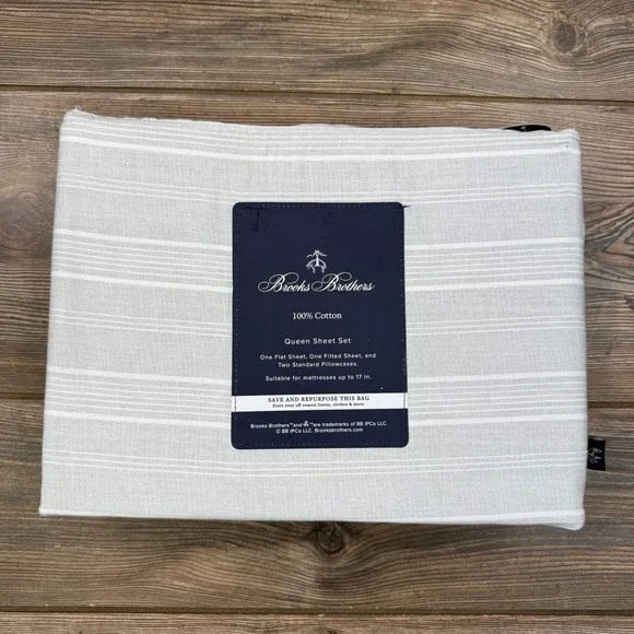 Brooks Brothers Queen Sheet Set Grey White Stripe 100% Cotton 4pc Luxury New