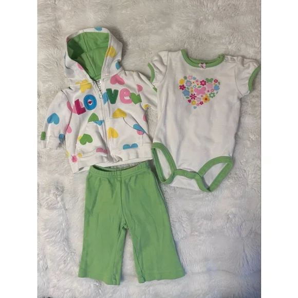 Carter’s 3M Baby Girl 3-Piece Outfit Set Hearts Hoodie Pants Bodysuit