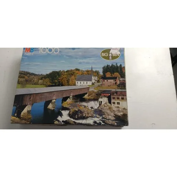 MB 1000 pc Puzzle Countryside Covered Bridge Scenic View Bath NH‎