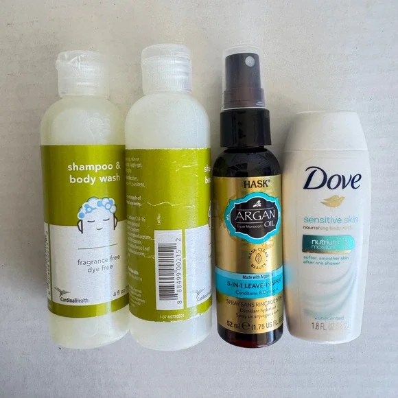 Travel Size Toiletries Bundle Dove Hask Argan Oil‎ Cardinal Health Shampoo Body
