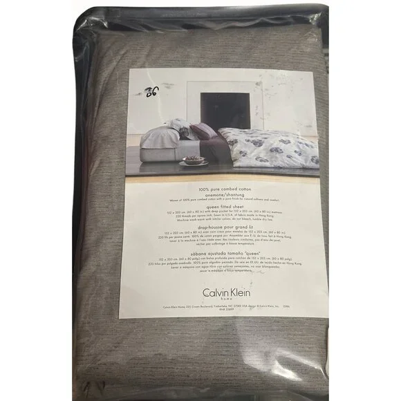 Calvin‎ Klein Home Queen Fitted Sheet 100% Pure Cotton Shantung Amethyst Gray
