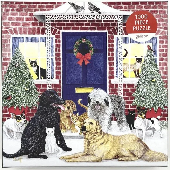 Galison Christmas Cottage‎ Dogs Cats Animals 1000 Piece Puzzle NEW