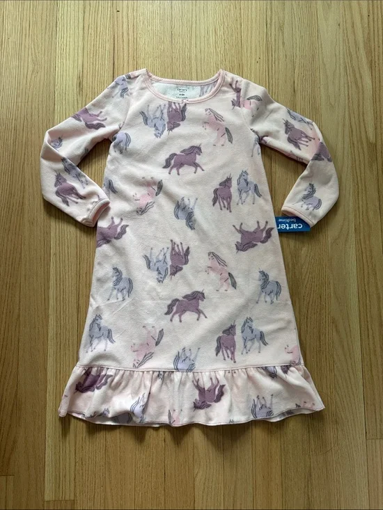Carter's NWT fleece Light Pink Unicorn Ruffle Nightdress pajama gown