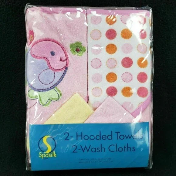 Spasilk Pink 2 Hooded Towels and 2 Washcloths‎ Set Fish Polka Dots New