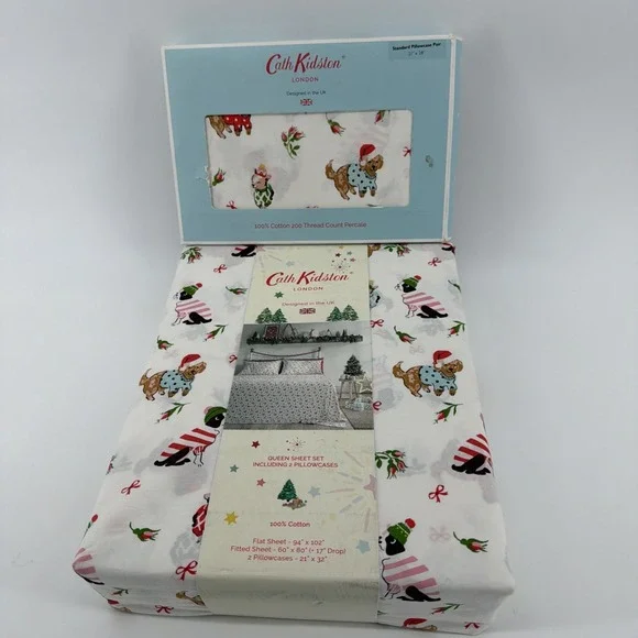 Cath Kidston London 6pc QUEEN Cotton Christmas ~ PUPPY LOVE PINK ~ Sheet Set New