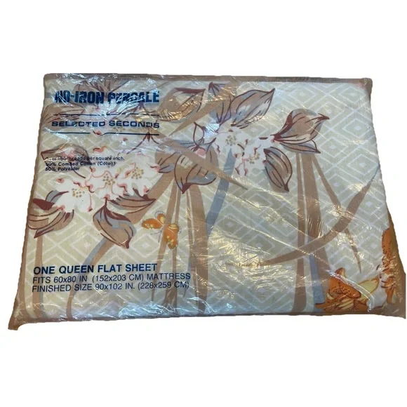 🆕Vintage 1970s Floral Queen Flat Sheet NOS no iron percale 50/50‎ cotton poly