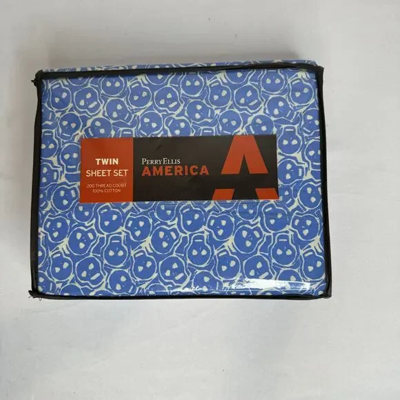 Perry Ellis American Twin Skull Sheet Set 200 Thread Count Blue/White New Rare‎