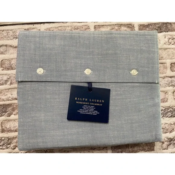 Ralph Lauren Bedding Blue Workshirt Chambray Queen Flat Sheet New In Package‎