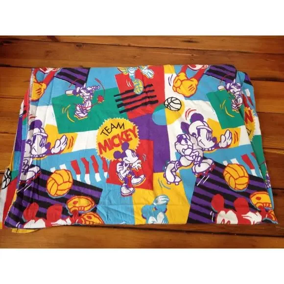 Vtg 90s Team Mickey Mouse Disney Vaporwave Twin Flannel 100% Cotton Flat Sheet