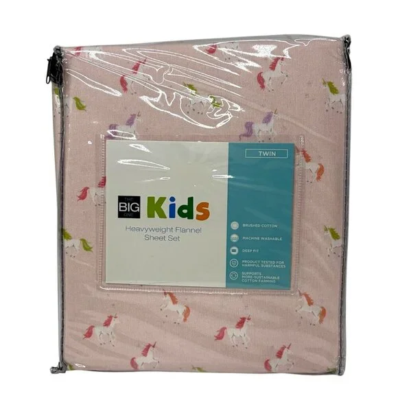 Big One Heavyweight Twin Size 100% Cotton FLANNEL Sheet Set Pink Unicorn New