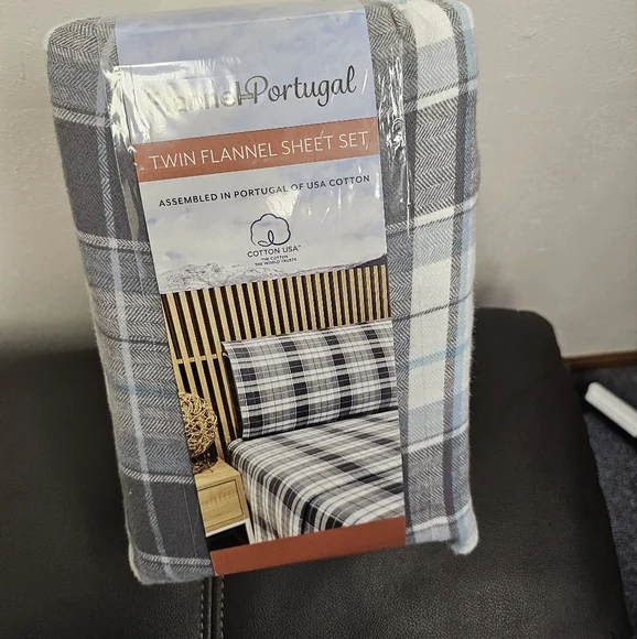 Portuguese Flannel 3-piece Sheet Set, Twin, NWT, gray plaid