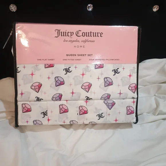 New Juicy Couture Diamond Print Pink White Purple Sheet Set Queen