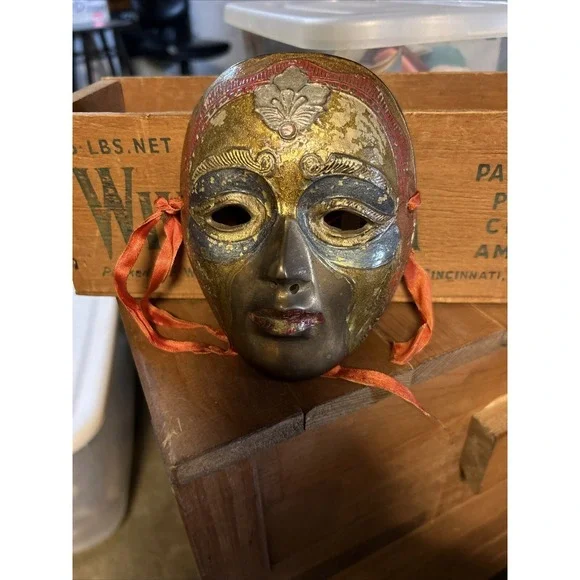 Vintage Solid Brass Art Face Mask Masquerade Mardi Gras Hand Etch Paint