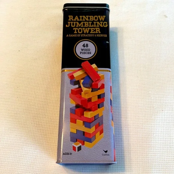 Rainbow Jumbling Tower a game of Strategy Tin box 48 Pieces Ages 6+