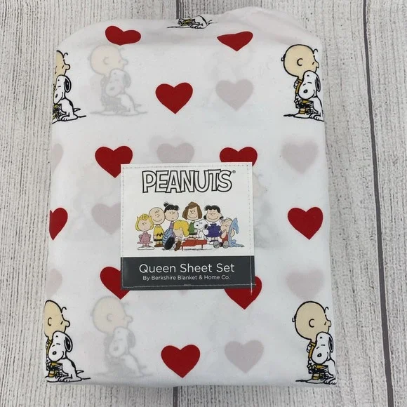 Peanuts Snoopy Sheet Set QUEEN White Charlie Brown Hearts Love Berkshire