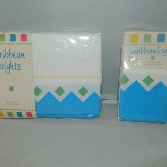 Vintage 90s Caribbean Brights Twin Flat Bed Sheet & Two King Pillow Case