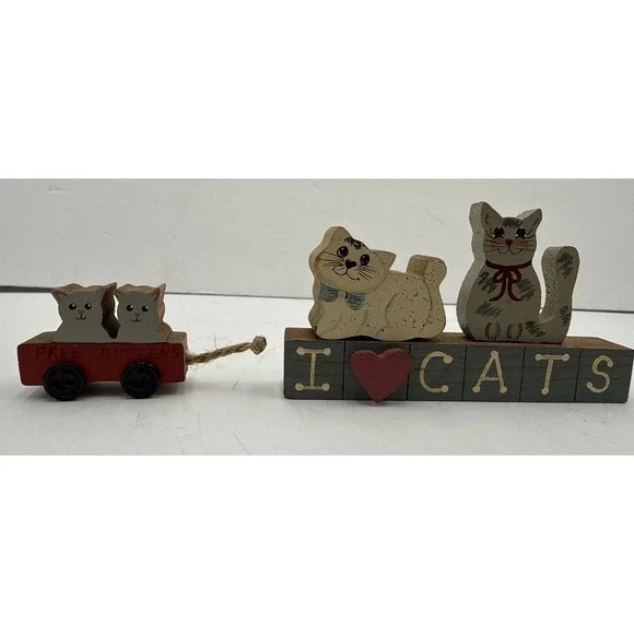 Set of 4 Handpainted Gray White Kittens Wood Display Decor I ❤️ Cats‎