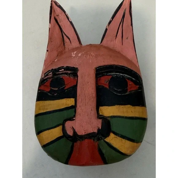 Vintage Folk Art Cat Hand Carved Wood Trinket Box Multicolor Kitty