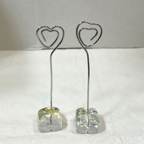 Two(2) Wired Hearts Photo Holder Desk Display Postcard Glass Stand 4.25