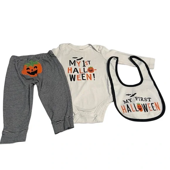 Carter’s Halloween 3pc Baby Set 9M Bodysuit Pants Bib‎ Pumpkin Fal