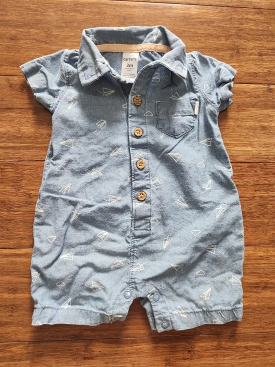 Carter's Blue Baby Romper Shorts with Pocket And Paper Plane Print, 3 Months