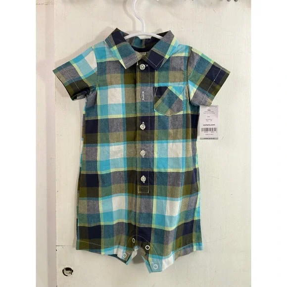 Carter's Plaid Romper 18M Blue Green Button Front Short Sleeve Baby Boy