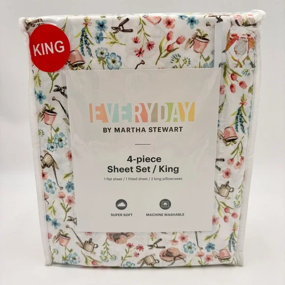 Everyday by Martha Stewart King Sheet Set 4pc In The Garden Pink Floral New