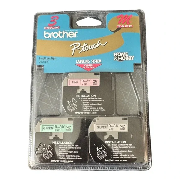 Brother P Touch Label Maker Tape 3 Pack M Pink Green Silver M-E21 M-721 M - 921