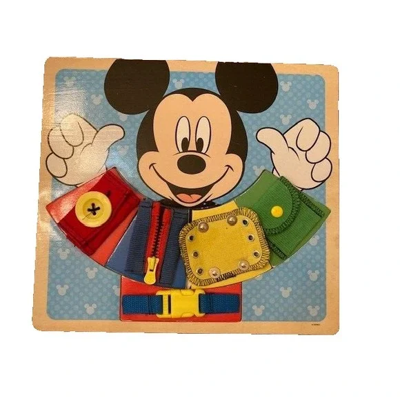 Disney Mickey Mouse wood puzzle buckles, snaps, and ties Melissa & Doug