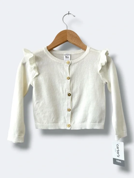 Carters Baby Girl Cardigan 18M Ivory Ruffle Button Front Cotton Knit Sweater
