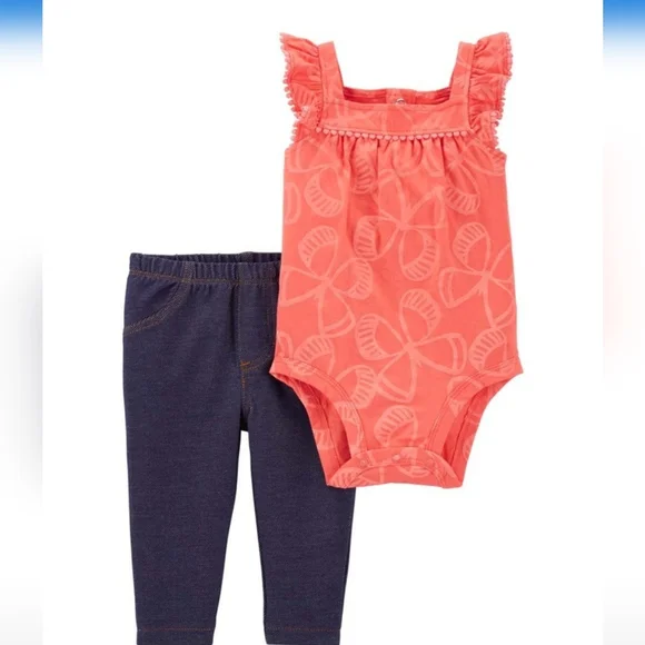 Carter's Girl's Bodysuit & Navy Denim Pants Coral Butterfly Size Newborn NWT
