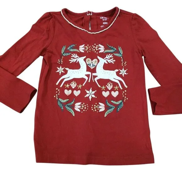 GIRLS CARTER'S 5 DARK RED L/S REINDEER HOLIDAY HEART FLORAL GOLD GLITTER TOP