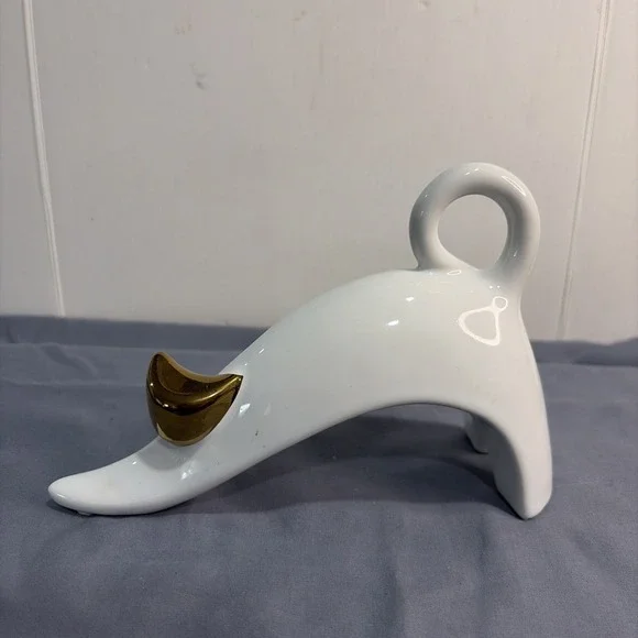 MCM Style Pickens Animal Figurine Stretching Cat Gold & White 7.25