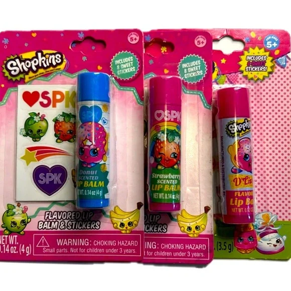 Shopkins Lip Balm & Sticker Bundle- D'lish Donut & Strawberry Kiss Quantity of 3