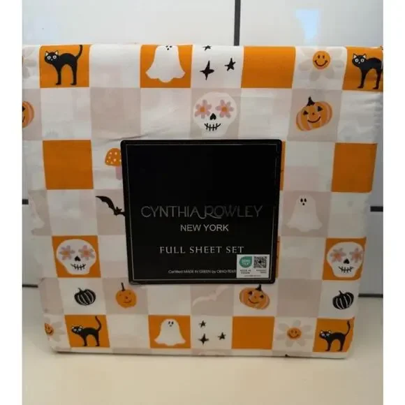 Cynthia Rowley FULL Halloween Sheets Checked Orange & Pink Sheet Set NEW NWT